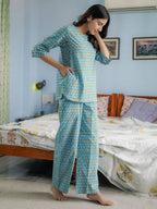 Blue Hand Block Printed Cotton Nightwear - Set of 2