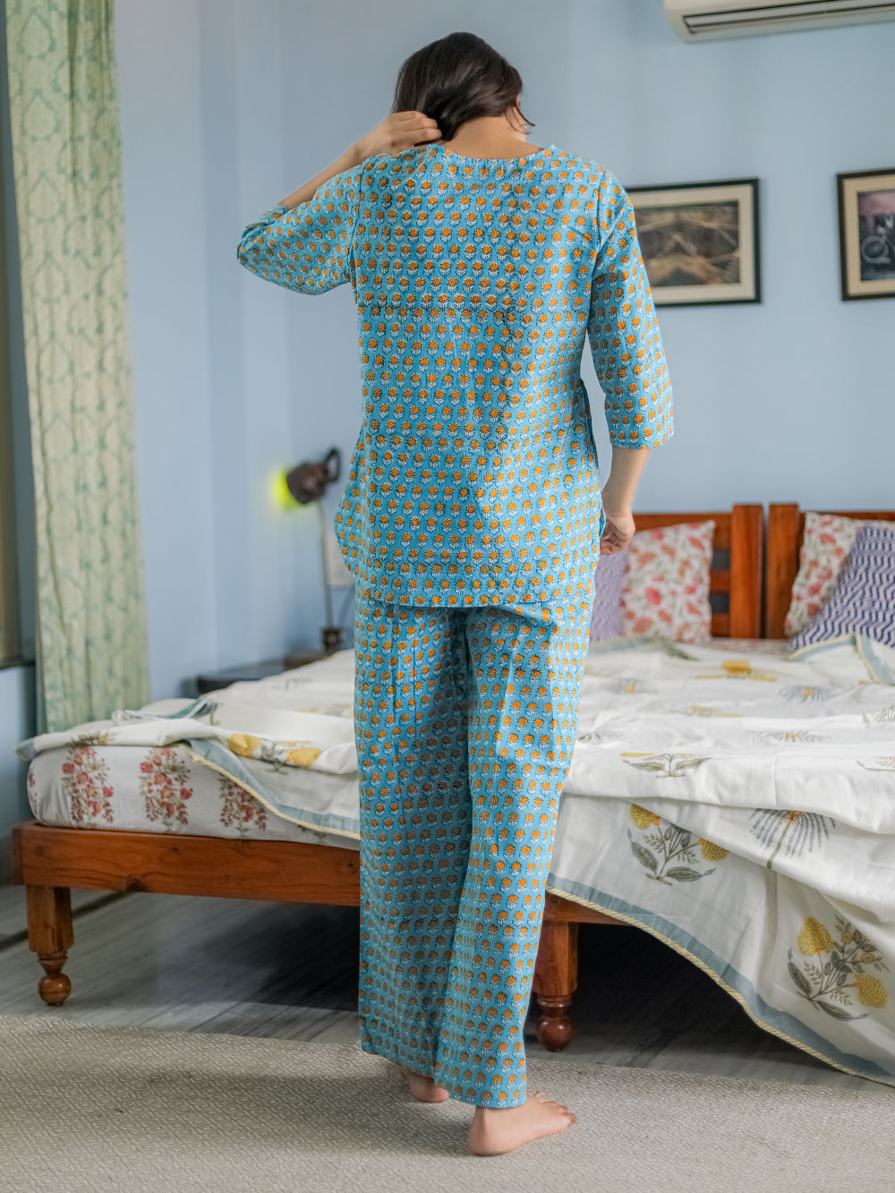 Blue Hand Block Printed Cotton Nightwear - Set of 2
