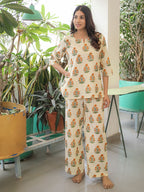 Orange Green Hand Block Printed Cotton Nightwear - Set of 2