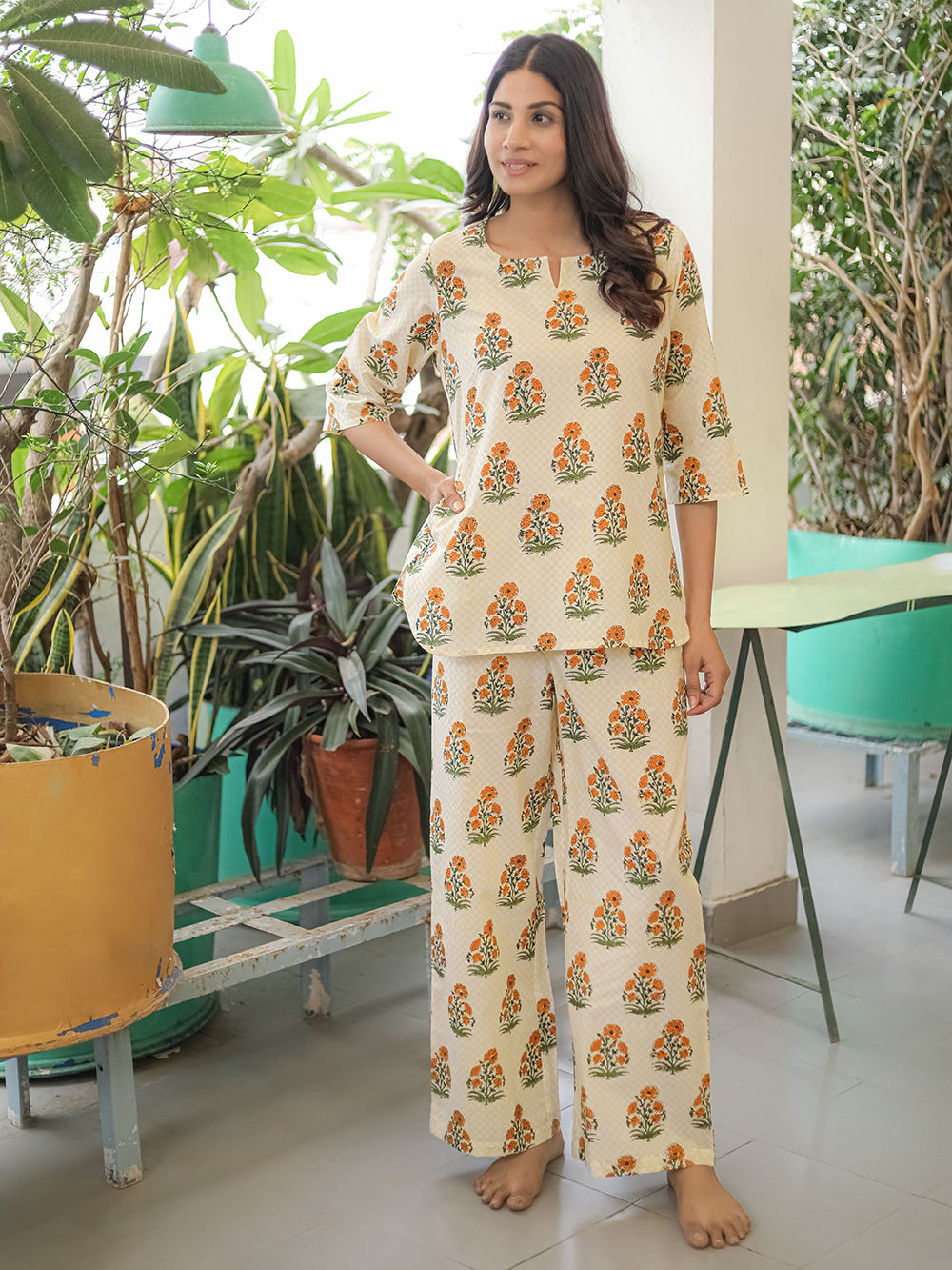 Orange Green Hand Block Printed Cotton Nightwear - Set of 2