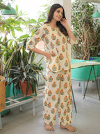 Orange Green Hand Block Printed Cotton Nightwear - Set of 2