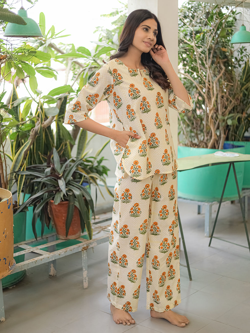 Orange Green Hand Block Printed Cotton Nightwear - Set of 2