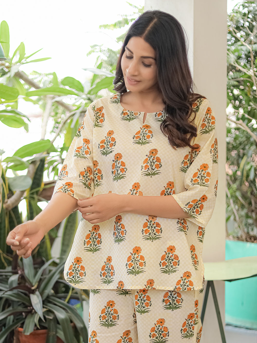 Orange Green Hand Block Printed Cotton Nightwear - Set of 2