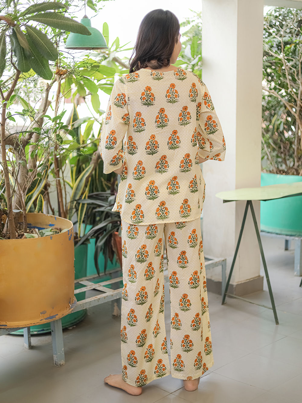 Orange Green Hand Block Printed Cotton Nightwear - Set of 2