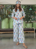 White Blue Hand Block Printed Cotton Nightwear - Set of 2
