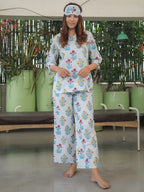White Blue Hand Block Printed Cotton Nightwear - Set of 2