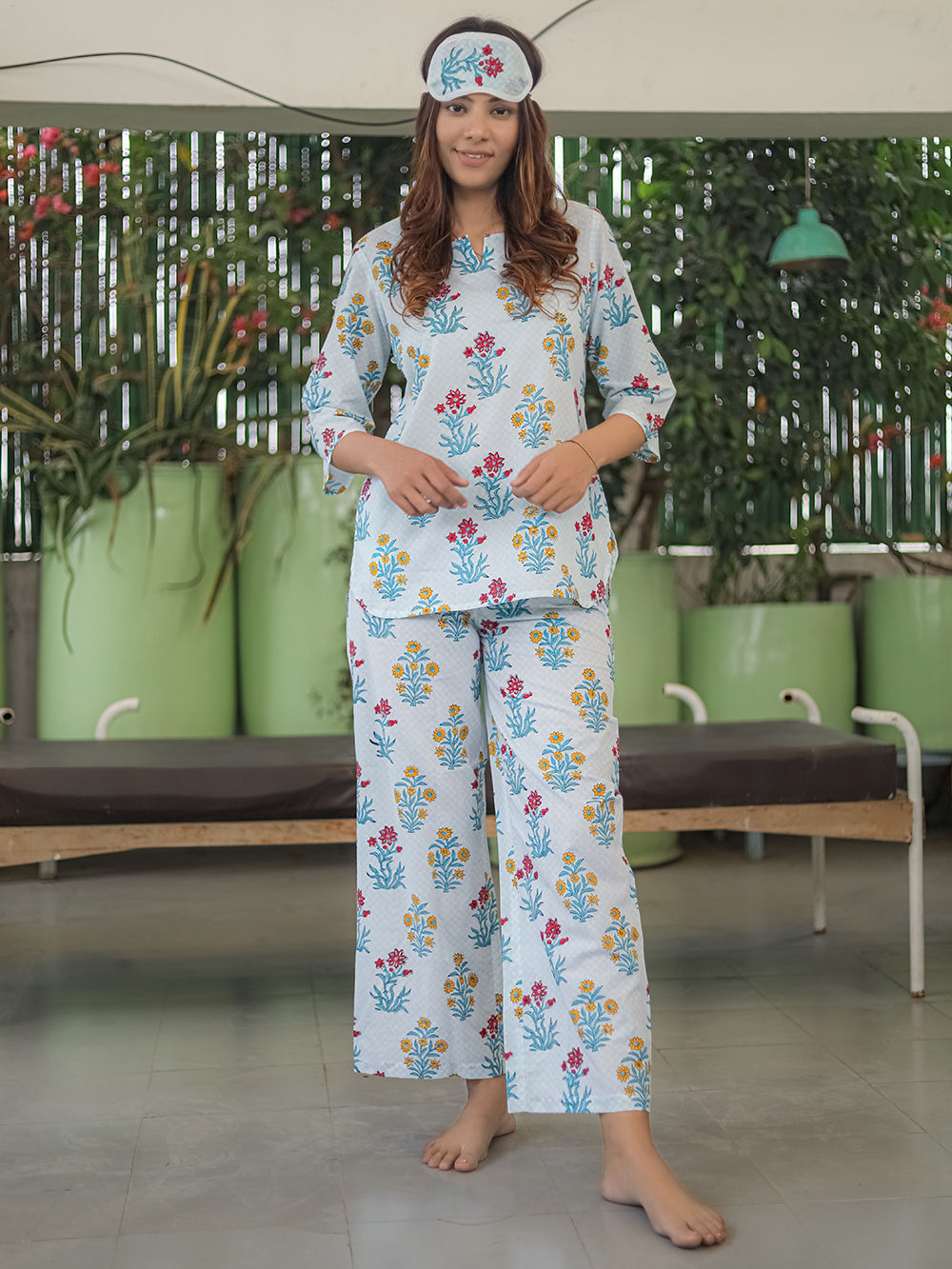 White Blue Hand Block Printed Cotton Nightwear - Set of 2