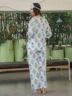 White Blue Hand Block Printed Cotton Nightwear - Set of 2