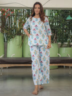 White Blue Hand Block Printed Cotton Nightwear - Set of 2