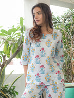 White Blue Hand Block Printed Cotton Nightwear - Set of 2