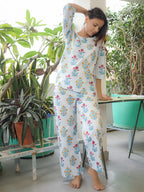 White Blue Hand Block Printed Cotton Nightwear - Set of 2