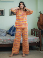Orange Hand Block Printed Cotton Nightwear - Set of 2
