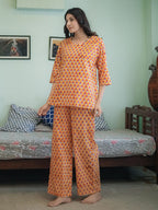 Orange Hand Block Printed Cotton Nightwear - Set of 2