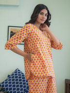 Orange Hand Block Printed Cotton Nightwear - Set of 2