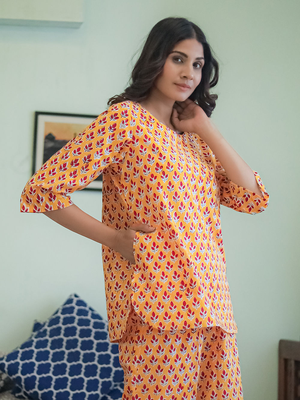Orange Hand Block Printed Cotton Nightwear - Set of 2