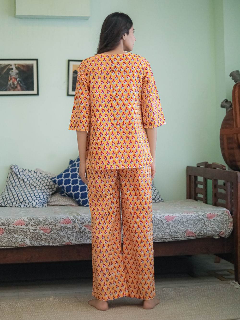 Orange Hand Block Printed Cotton Nightwear - Set of 2