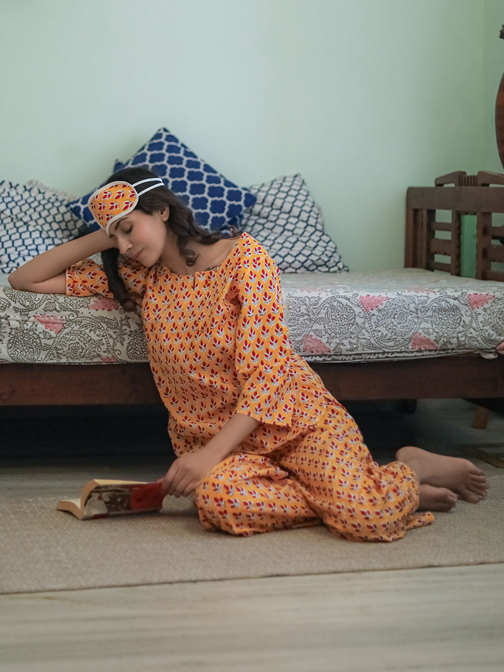 Orange Hand Block Printed Cotton Nightwear - Set of 2