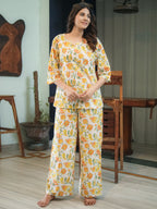 White Yellow Hand Block Printed Cotton Nightwear - Set of 2