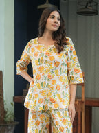 White Yellow Hand Block Printed Cotton Nightwear - Set of 2