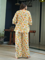 White Yellow Hand Block Printed Cotton Nightwear - Set of 2