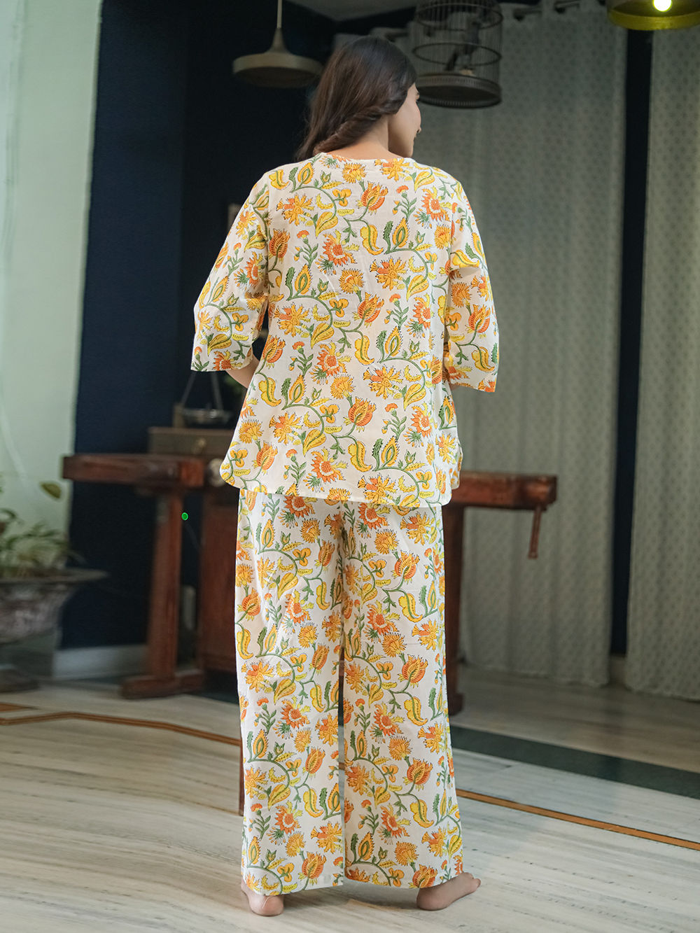 White Yellow Hand Block Printed Cotton Nightwear - Set of 2