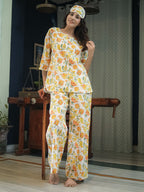 White Yellow Hand Block Printed Cotton Nightwear - Set of 2