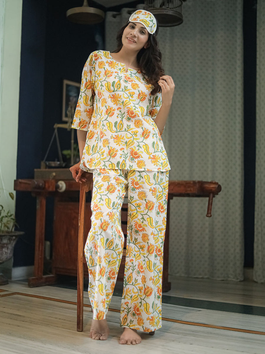 White Yellow Hand Block Printed Cotton Nightwear - Set of 2