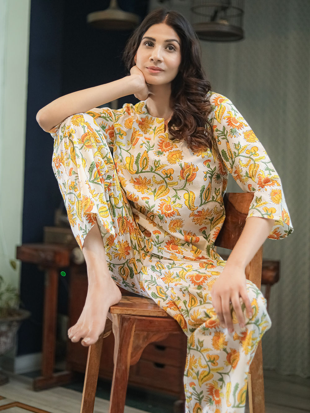 White Yellow Hand Block Printed Cotton Nightwear - Set of 2