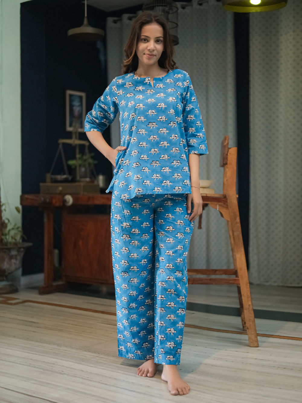 Blue Hand Block Printed Cotton Nightwear - Set of 2