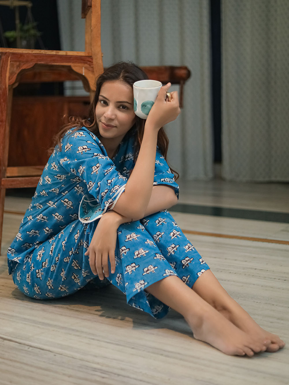 Blue Hand Block Printed Cotton Nightwear - Set of 2