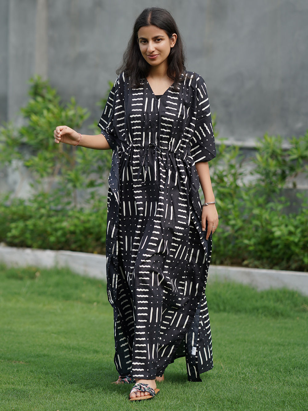 Black Hand Block Printed Cotton Kaftan