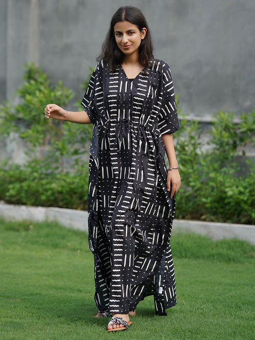 Black Hand Block Printed Cotton Kaftan