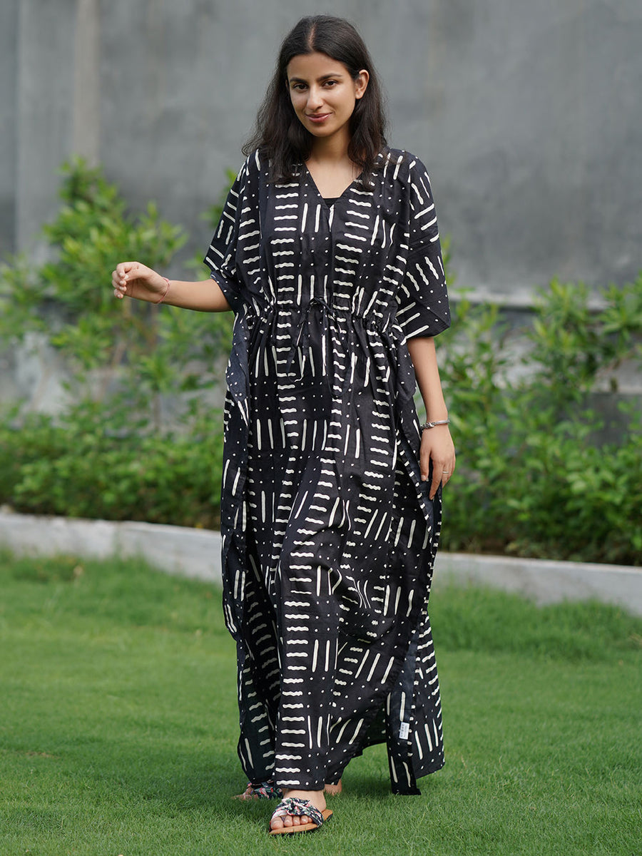 Black Hand Block Printed Cotton Kaftan