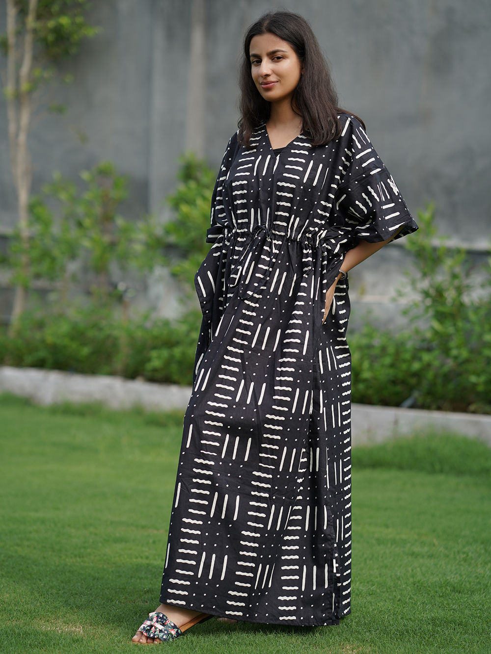 Black Hand Block Printed Cotton Kaftan